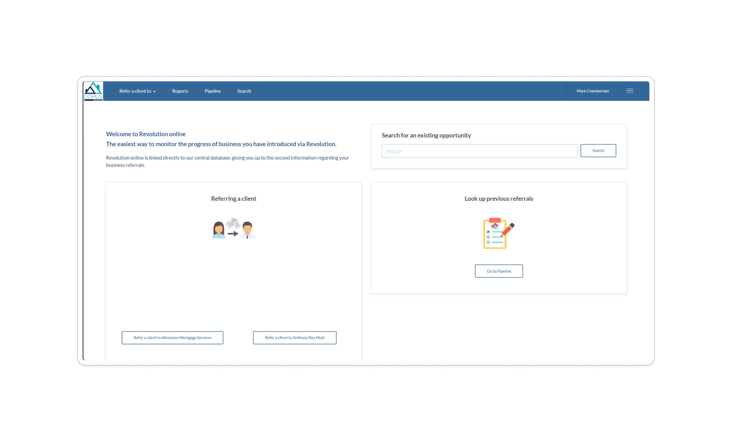 Legacy introducer portal — main view